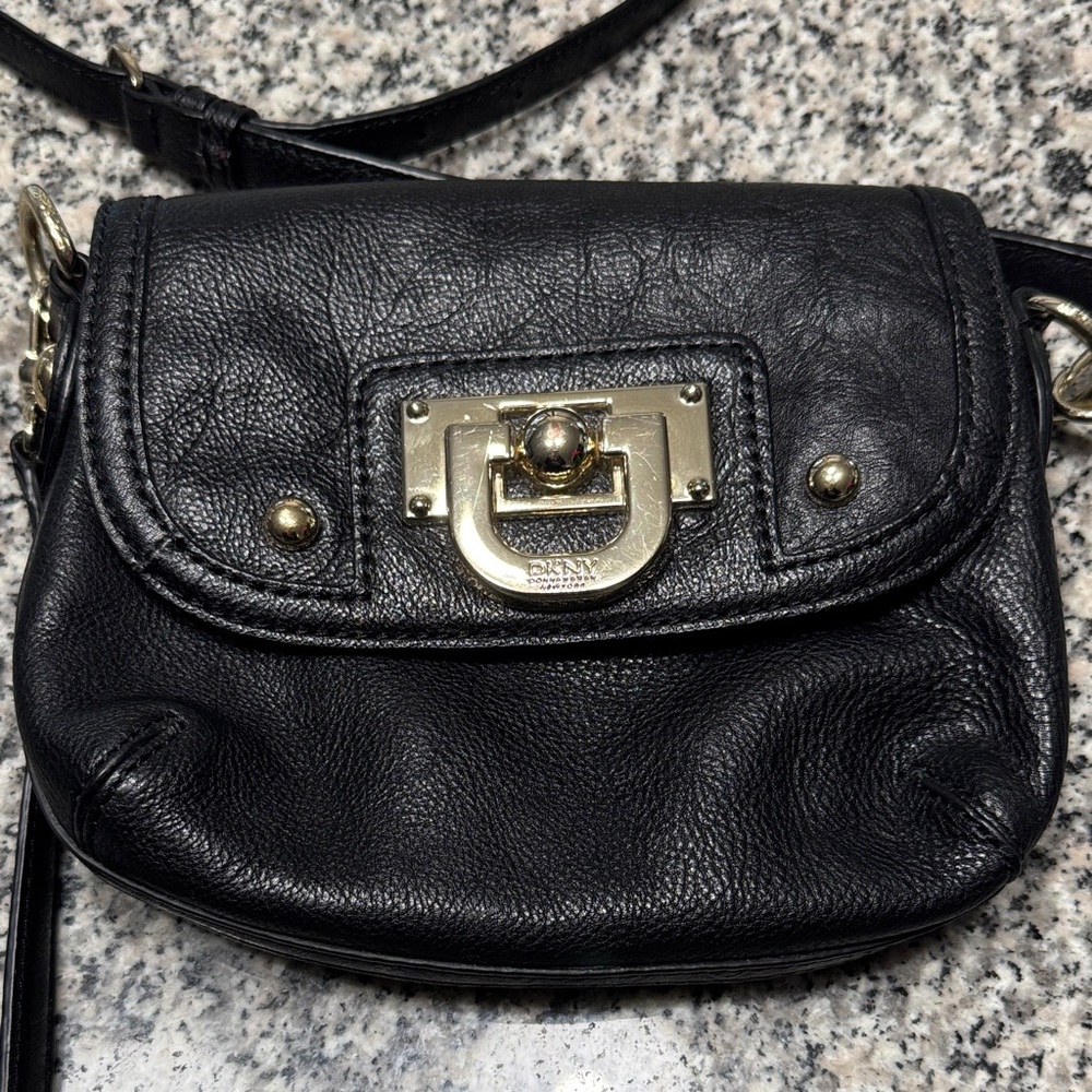 DKNY Black Leather Crossbody Bag with Gold Accents